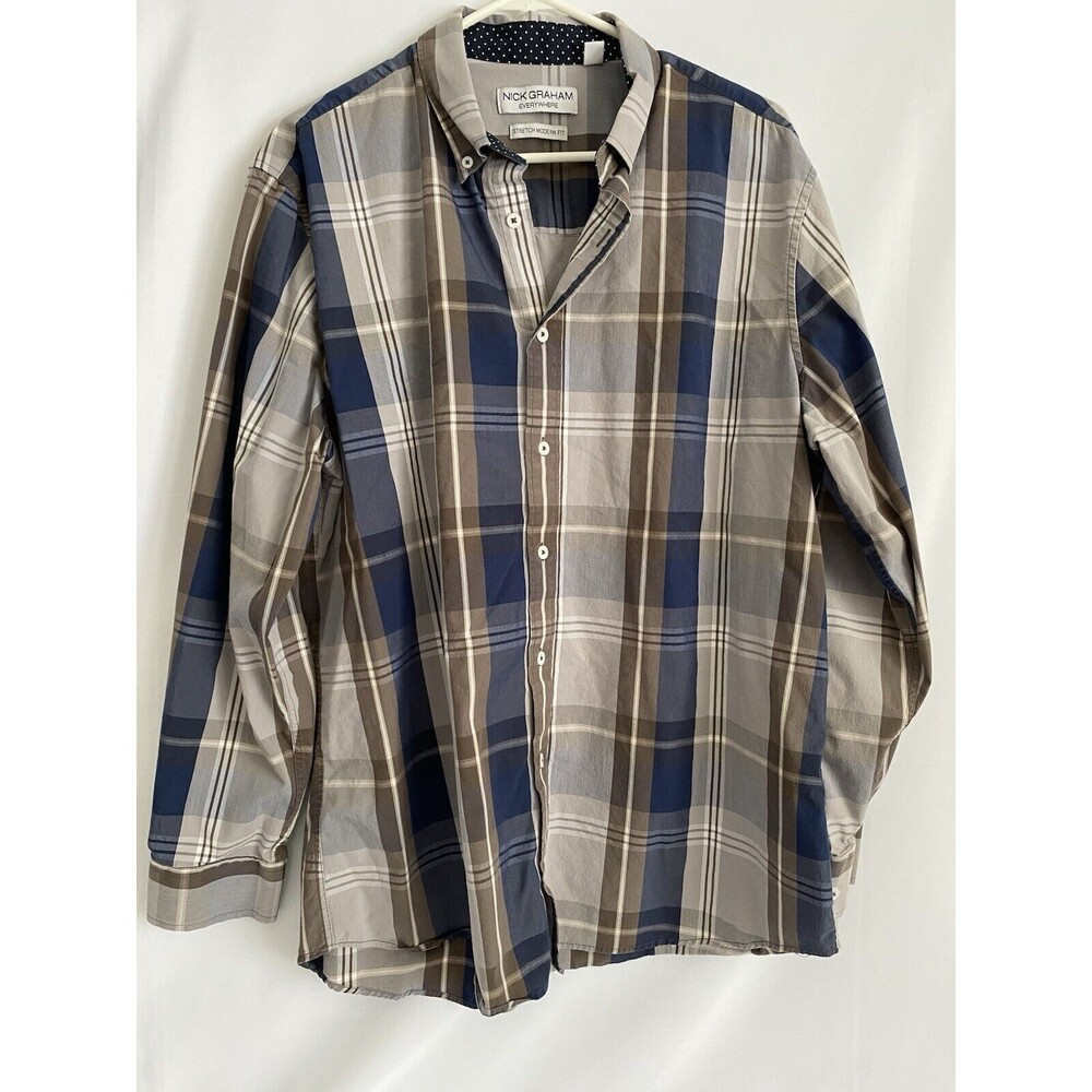 Nick Graham Everywhere Mens Long Sleeve Blue Brown Gray Plaid Button Up Shirt XL